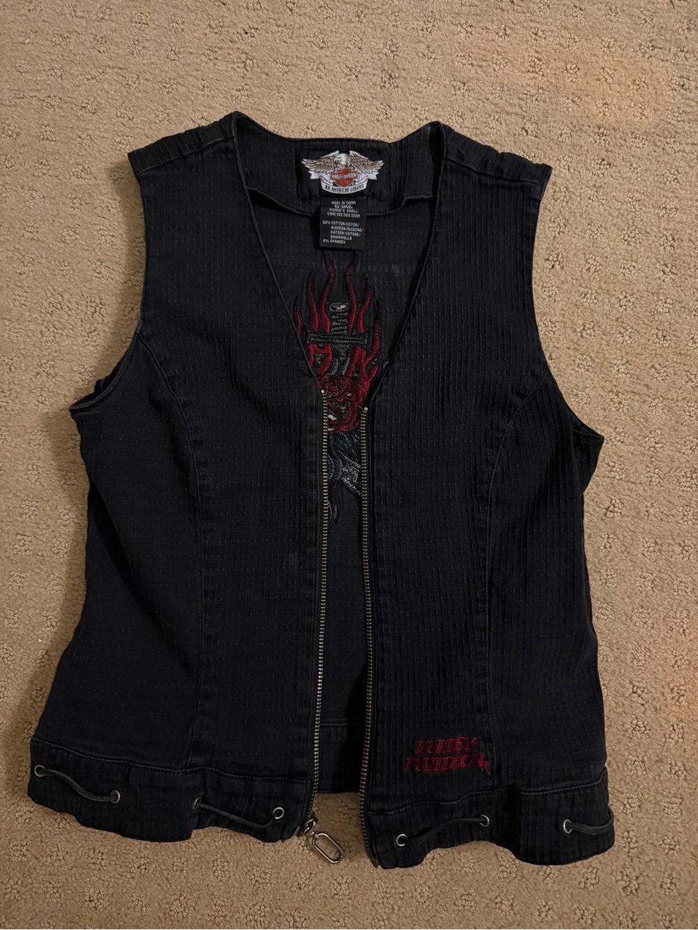 Vintage Harley-Davidson Black Women's Sleeveless Zip Vest with Red Flame Detail